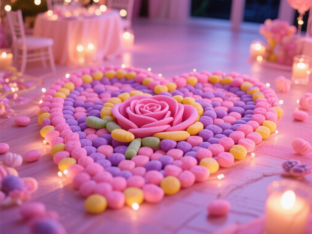 糖果派对创意灵感与技巧干货分享博客 浪漫糖果之夜:利用粉色、黄色、紫色的糖果拼图组成爱