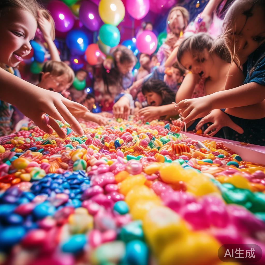 甜蜜糖果派对与绿色草地共度的欢乐美好时光 糖果是许多孩子喜爱的零食,也象征着甜美、幸福与庆典